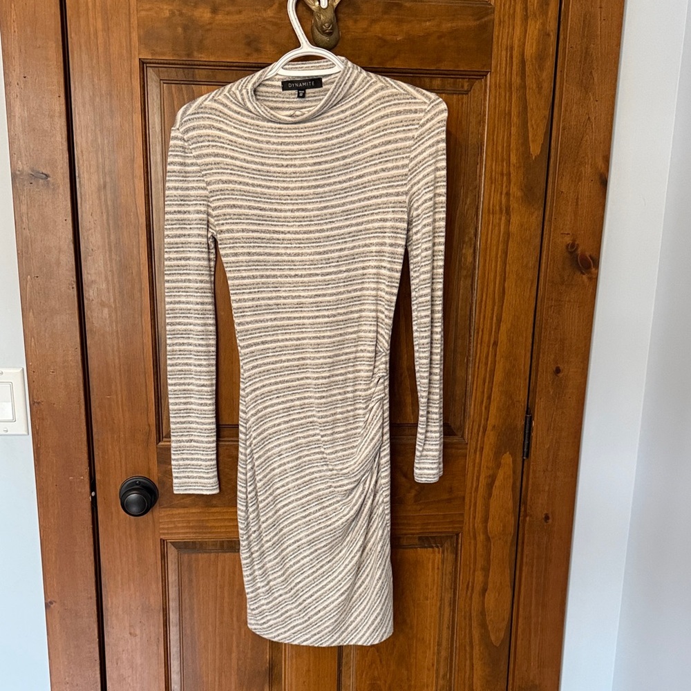 Dynamite Striped Long-Sleeve Knit Dress in Cream & Gray